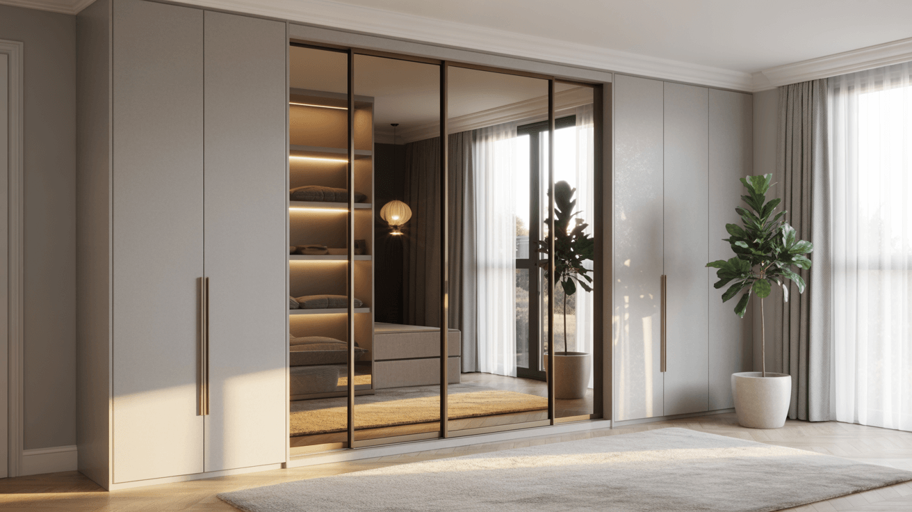 Modern bespoke fitted wardrobe with mirrored doors in a Bexleyheath home