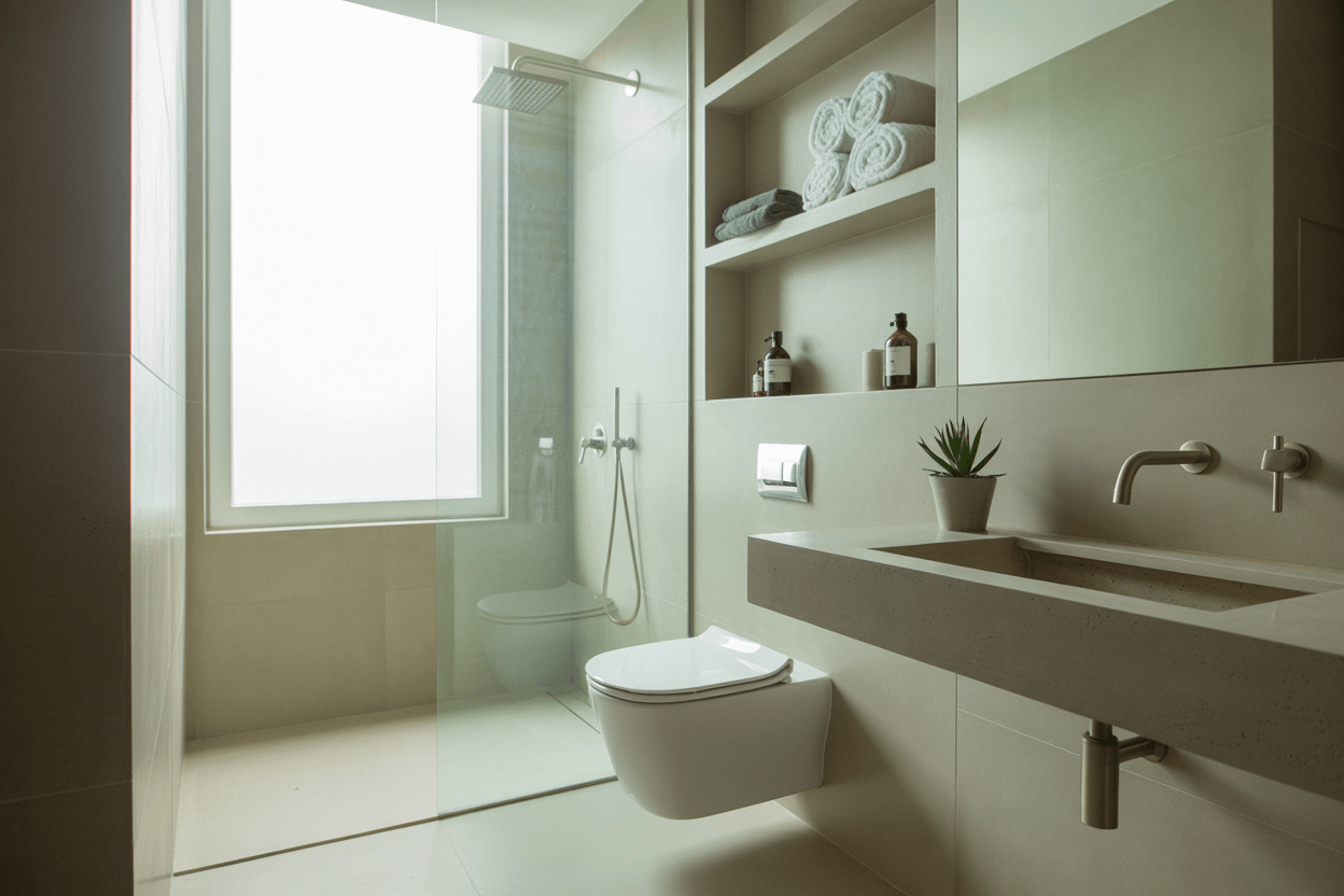 Modern bespoke bathroom installation in a Bexleyheath home with premium tiles, walk-in shower, and custom storage by EWI Design