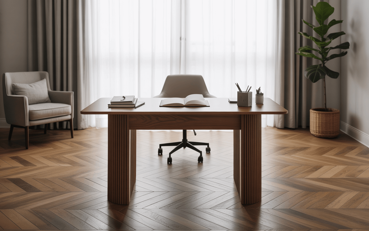 Herringbone flooring in a stylish modern Sidcup workspace.
