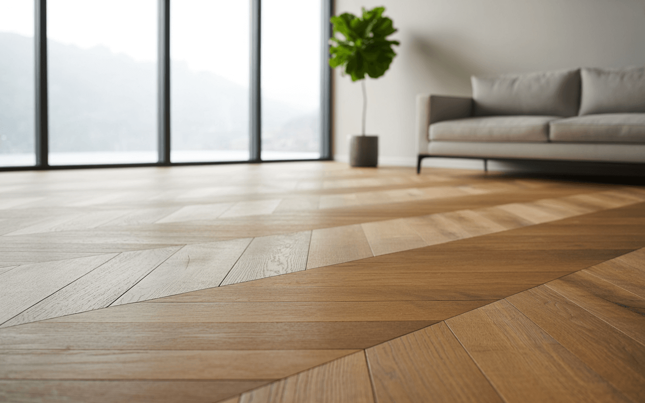 Herringbone flooring in a stylish modern Sidcup workspace.