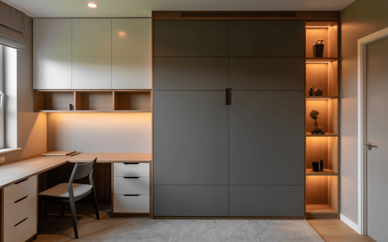 Bespoke multi-use home office with integrated wall bed in a compact Sidcup room, offering smart storage for growing families