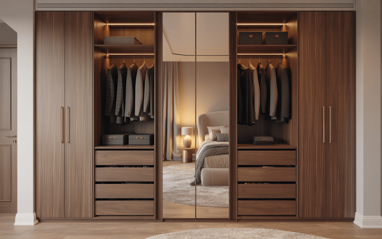 Custom floor-to-ceiling fitted wardrobe installed in a 1930s semi-detached Sidcup home, maximising bedroom storage with sliding mirrored doors