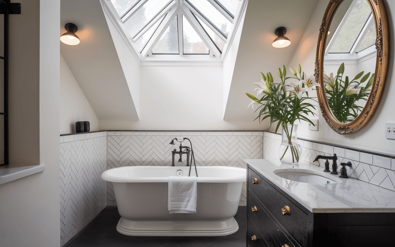 Modern family bathroom renovation in a 1930s Sidcup home featuring a walk-in shower, soaking tub, and custom storage solutions