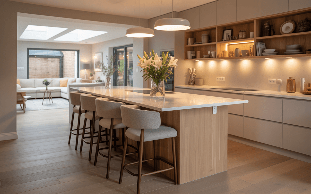 Modern family kitchen renovation in a 1930s Sidcup home featuring open-plan layout, quartz worktops, and family dining island