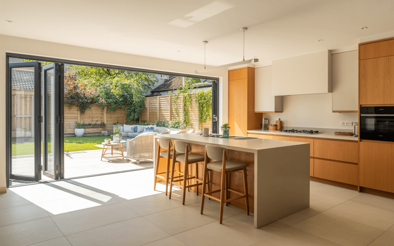 Contemporary Sidcup kitchen with warm wood tones, centre island, engineered flooring, and premium worktops
