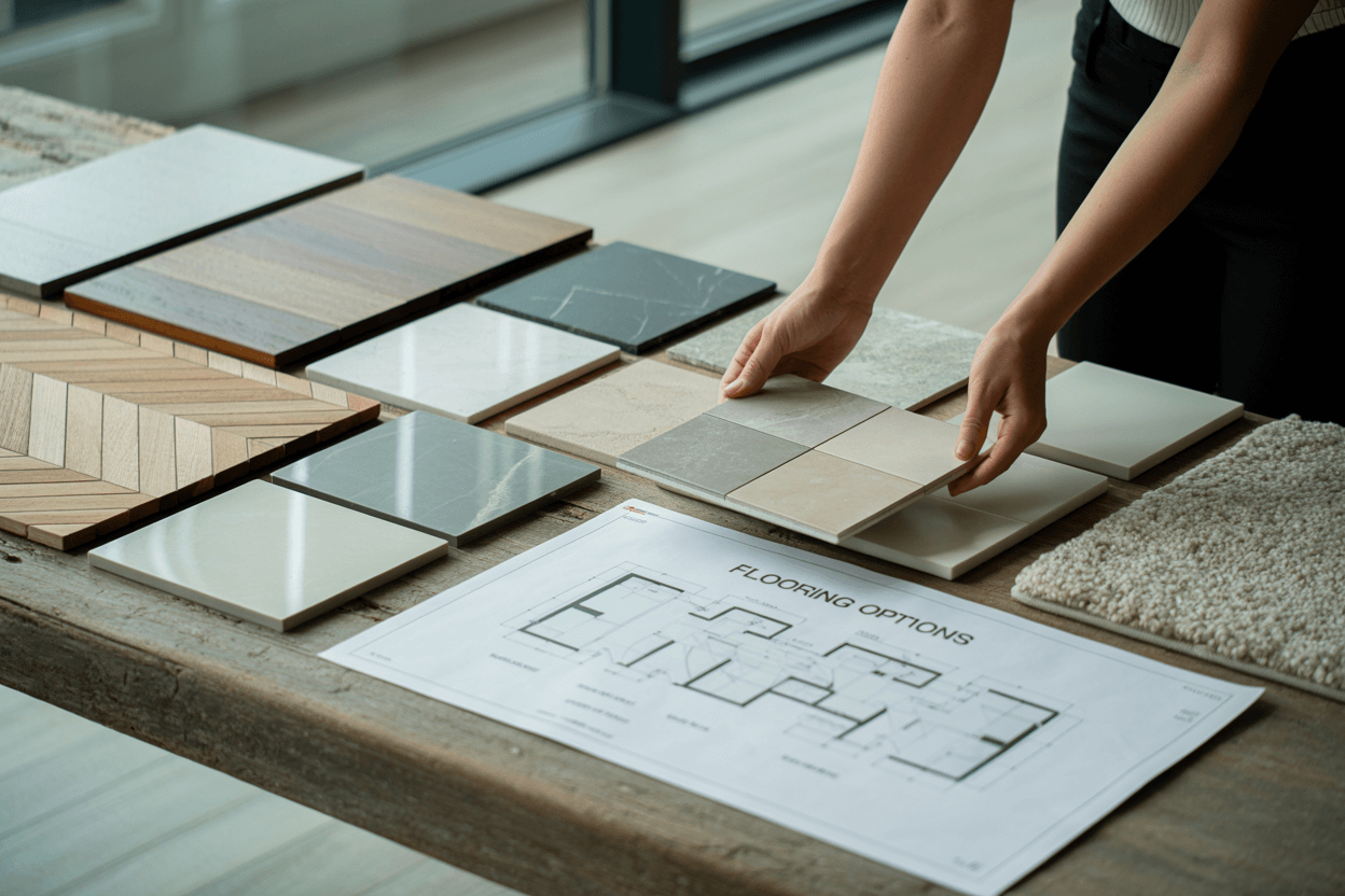 Parquet, tile, carpet, and wood flooring samples in Welling