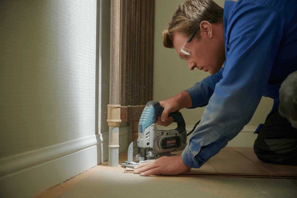 Custom flooring fitted around pipes and corners in Welling