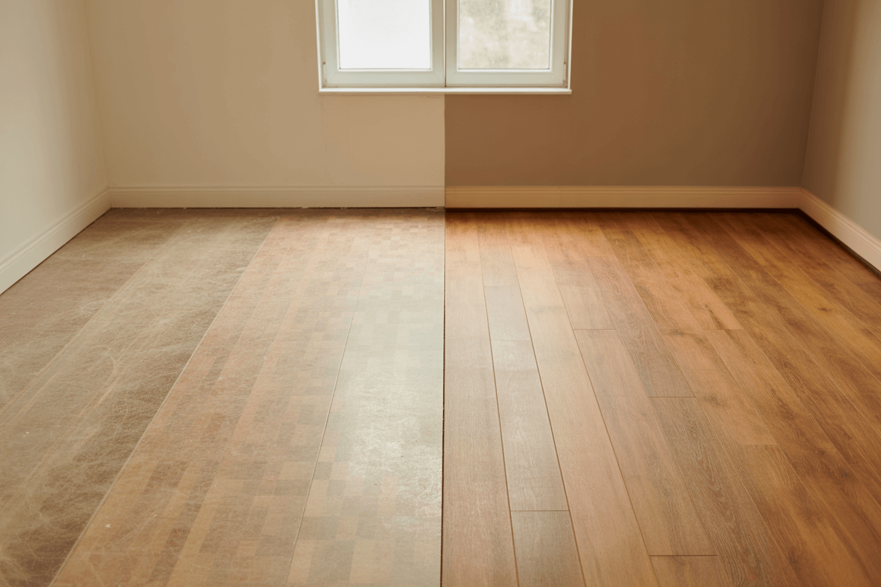 Before and after flooring transformation in Welling living room