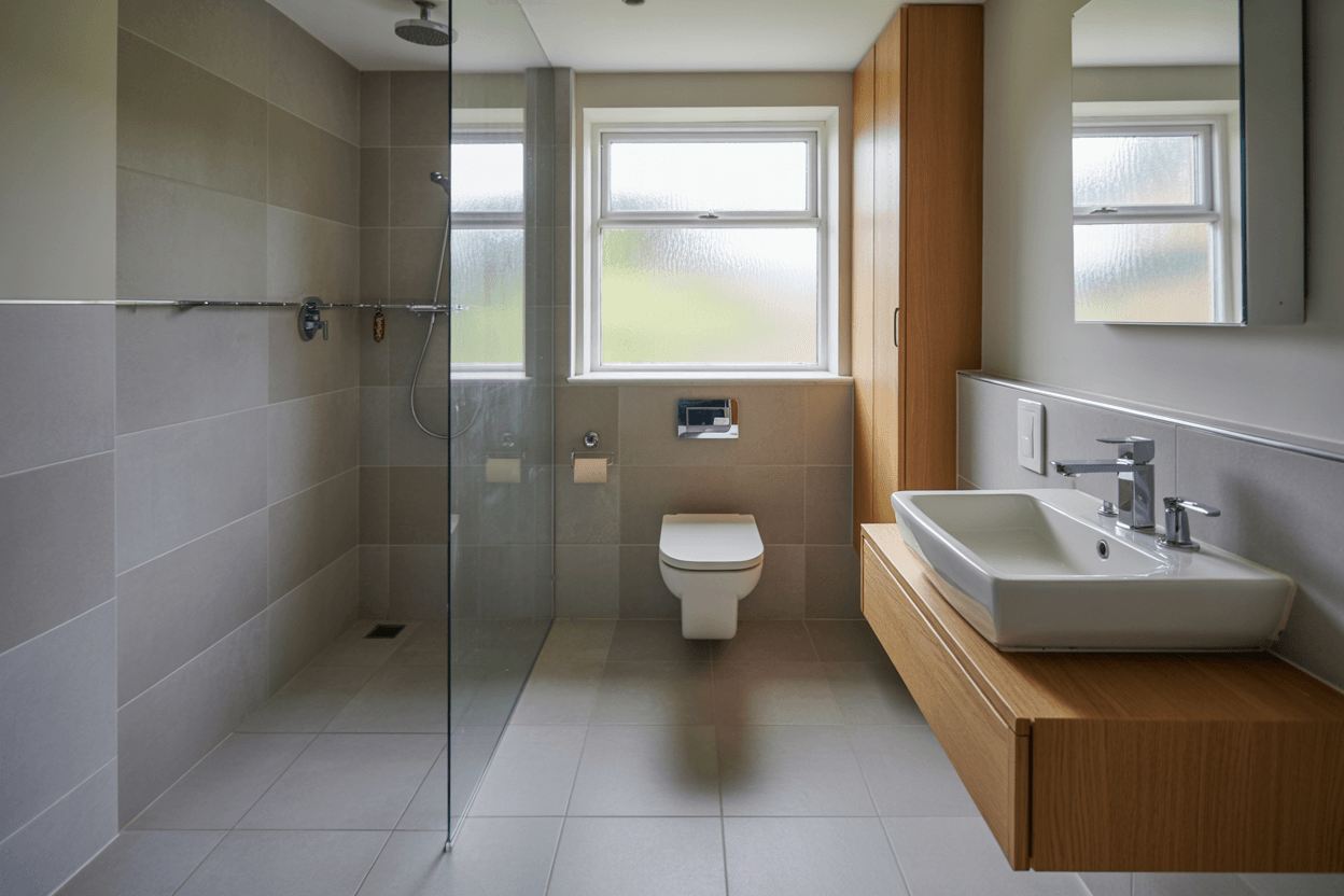 completed bathroom installation in dartford with luxury porcelain tiles and premium fixtures